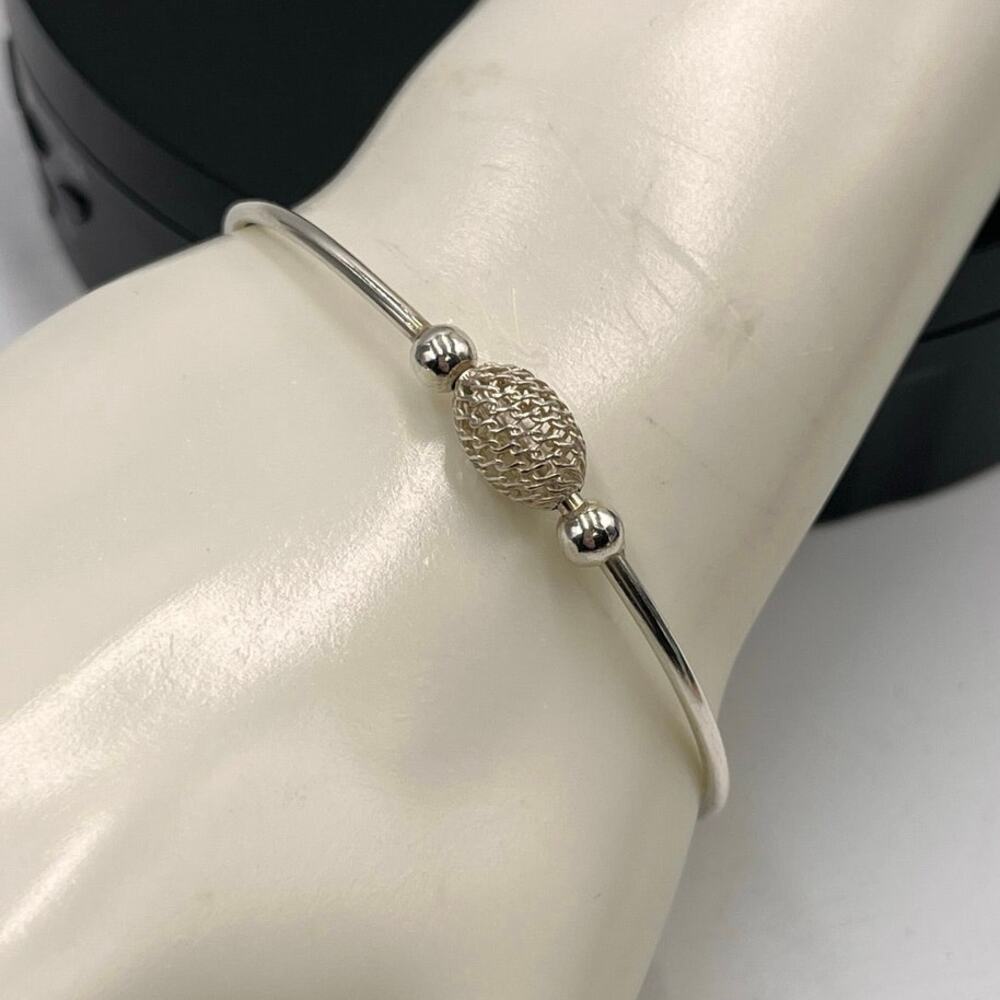 Sterling Silver 925 Mesh‎ Center Bead and Ball Ends Bracelet Cuff